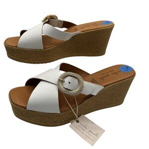 Mila Paoli NEW 7.5 White Leather Wedge Sandals Gold Buckle Made In Italy Boho